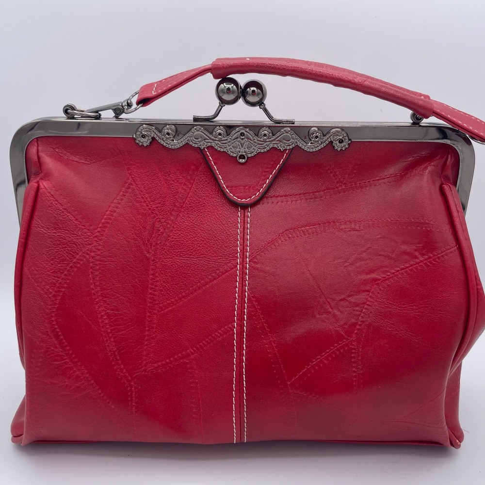 Vintage Kiss Lock Frame Handbag Red Faux Leather Doctor Style Satchel Bag